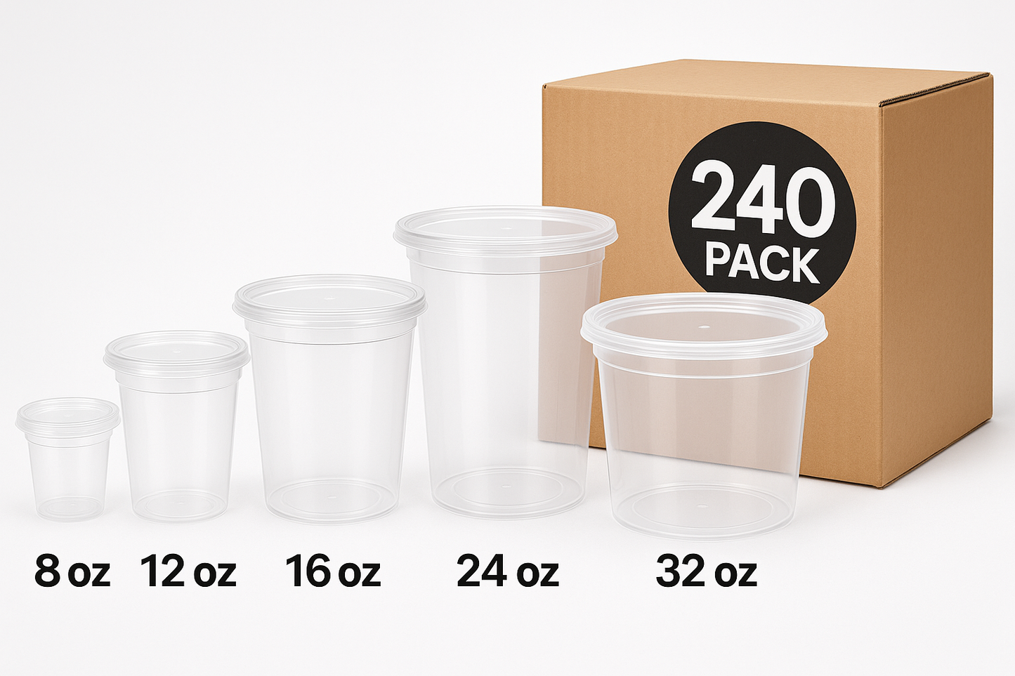 Clear Plastic Deli Cups with Lids – 8oz, 12oz, 16oz, 24oz, 32oz | Bulk Pack of 240 | Microwavable & Freezer-Safe Food Storage Containers