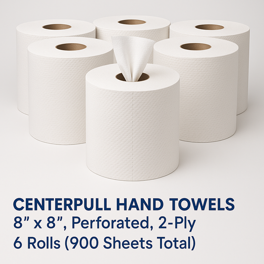Centerpull Hand Towels – 8" x 8", Perforated, 2-Ply – 6 Rolls (900 Sheets Total)