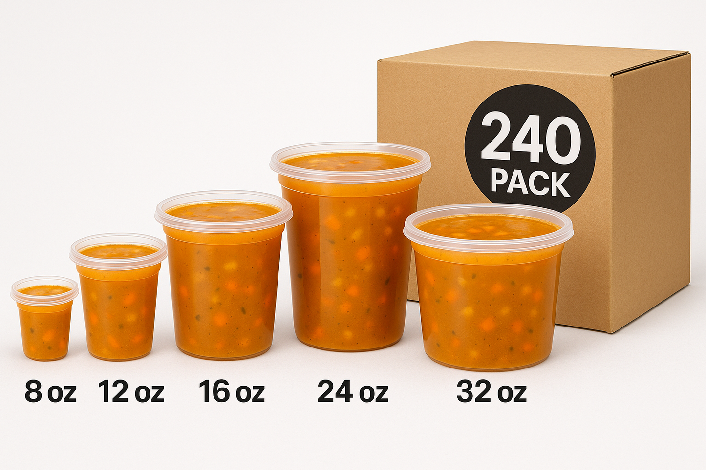 Clear Plastic Deli Cups with Lids – 8oz, 12oz, 16oz, 24oz, 32oz | Bulk Pack of 240 | Microwavable & Freezer-Safe Food Storage Containers