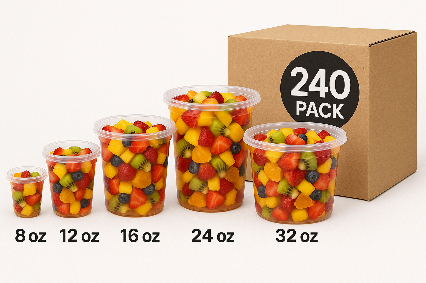 Clear Plastic Deli Cups with Lids – 8oz, 12oz, 16oz, 24oz, 32oz | Bulk Pack of 240 | Microwavable & Freezer-Safe Food Storage Containers