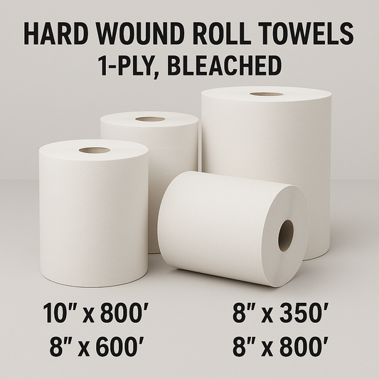 Hard Wound Roll Towels 1-Ply Bleached – 10” & 8” Sizes (350–800 ft) | Bulk Case