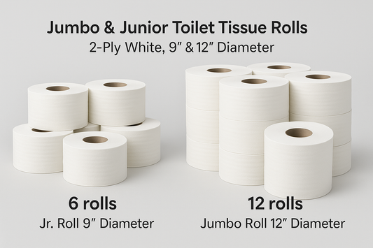 Jumbo & Junior Toilet Tissue Rolls – 2-Ply White, 9" & 12" Diameter (6 or 12 Rolls)